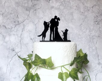 Bride Groom Border Collie and German Shepherd Wedding Cake Topper, Silhouette Wedding Cake Topper with 2 Dogs