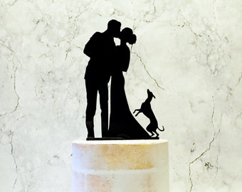 Bride Groom and Dog Cake Topper, Silhouette Wedding Cake Topper with Mini Greyhound Dog