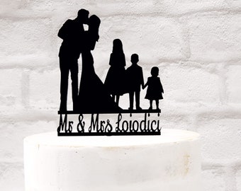 Family Wedding Cake Topper with 3 Children, Bride Groom Little Boy and 2 girls silhouette