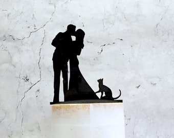 Silhouette Wedding Cake Topper, Bride Groom and Cat Cake Topper, Couple Silhouette with Cat, Acrylic Wedding Decoration, Cat Wedding, Pets