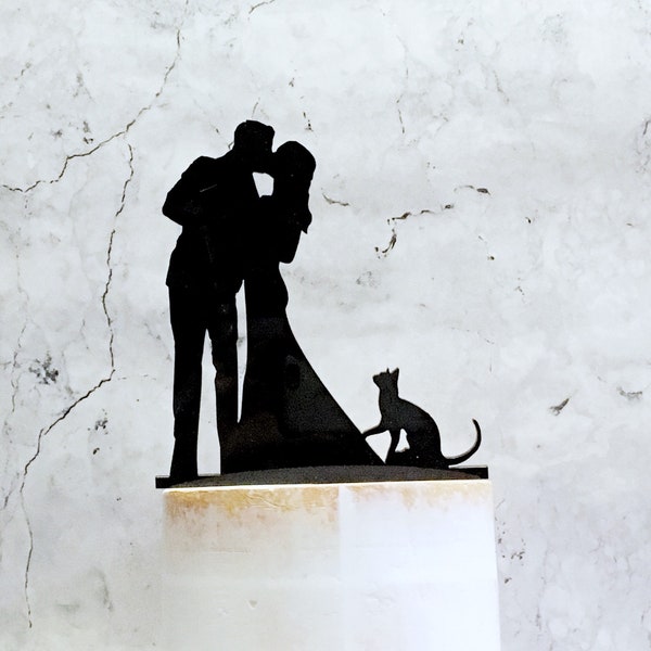 Silhouette Hochzeitstorte Topper, Braut Bräutigam und Katze Cake Topper, Paar Silhouette mit Katze, Acryl Hochzeitsdekoration, Katzenhochzeit, Haustiere