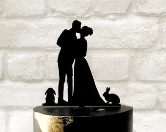 2 Rabbits Wedding Cake Topper with Bride and Groom Silhouette