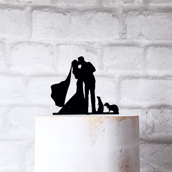 Ferret Wedding Cake Topper With Bride Groom and 2 Ferrets Silhouette