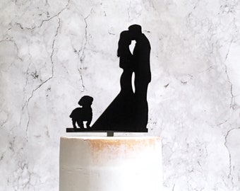 Shihtzu Cake Topper, Silhouette Wedding Cake Topper with Dog, Bride Groom and Shih Tzu, Couple Cake Topper with Dog