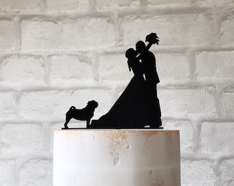 Pug Wedding Cake Topper Bride Groom and Dog Acrylic Silhouette Party Decoration