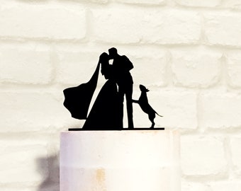 Bride Groom and English Bull Terrier Dog Silhouette Wedding Cake Topper