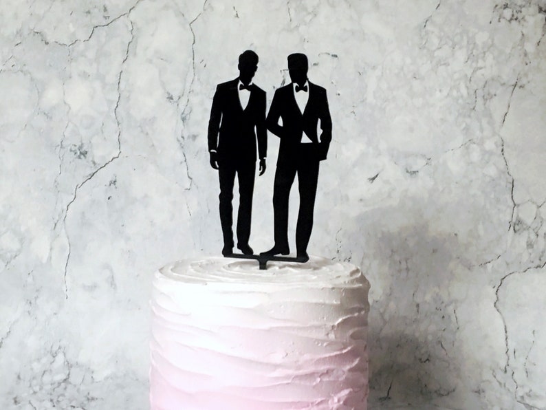 Two Grooms Silhouette Wedding Cake Topper, Mr & Mr Cake topper, Gay Wedding, LGBT, Male Couple Wedding Cake Topper, Gay Couple, LGBTQ image 2