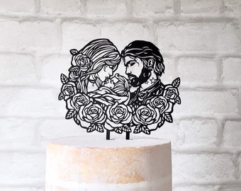 Alternative Bride Groom and Baby Family Wedding Cake Topper with Roses