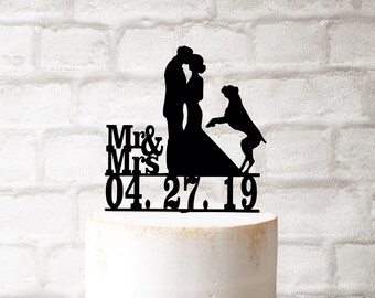 Personalised Silhouette Wedding Cake Topper with Jumping Boxer Dog