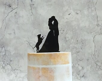 Silhouette Wedding Cake Topper with Dog, Couple and Dog, Bride Groom and Dog Cake Topper, Staffy cake topper, Dog Wedding Cake Topper