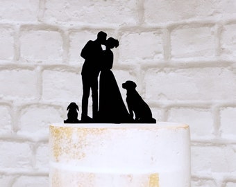 Labrador and Lop Bunny Rabbit Wedding Cake Topper with Bride and Groom Silhouette