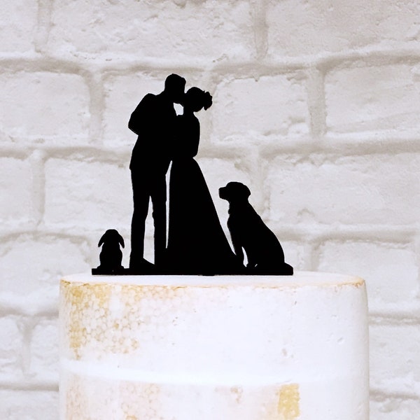 Labrador et Lop Bunny Rabbit Wedding Cake Topper avec la silhouette des mariés