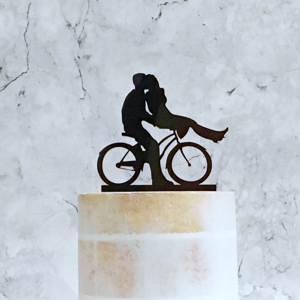 Cycling Couple Cake Topper, Bride and Groom on Bike Silhouette, Wedding Decoration, Cake Decor, Cycling Wedding Cake Topper