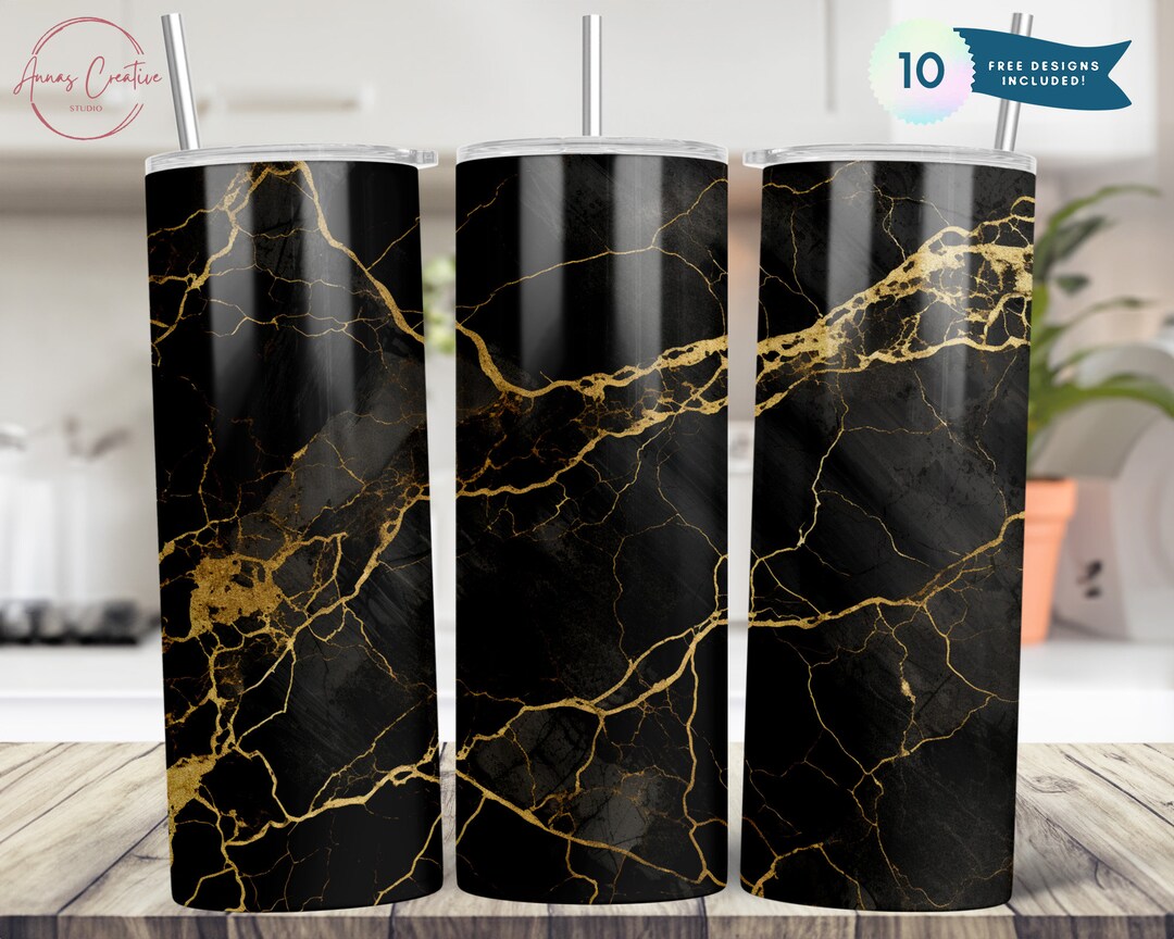 20 Oz Skinny Tumbler Black Gold Marble Wrap Straight Template Digital ...