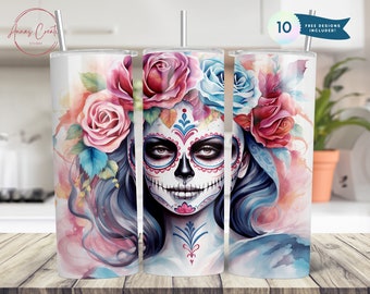 Pastel Day of the Dead 20 oz Skinny Tumbler Sublimation Design Digital Download PNG Instant DIGITAL, Dia de Los Muertos Sugar Skull Tumbler