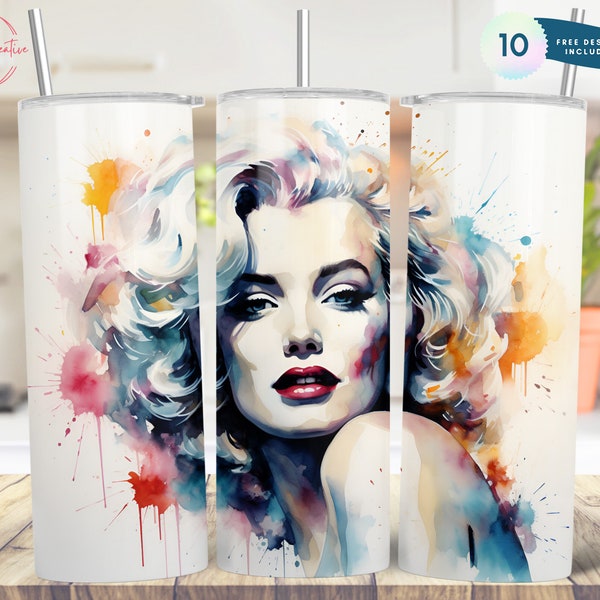 Watercolor Marilyn Monroe 20oz Skinny Tumbler Sublimation Designs Marilyn Monroe Tumbler for Straight Tumbler Design - PNG Colorful Painted