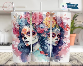 Pastel Day of the Dead 20 oz Skinny Tumbler Sublimation Design Digital Download PNG Instant DIGITAL, Dia de Los Muertos Sugar Skull Tumbler