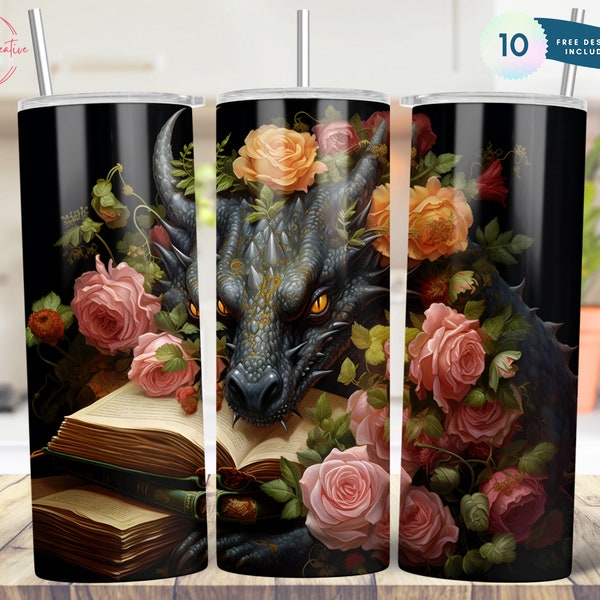 Book Dragon 20 oz Skinny Tumbler Sublimation Design Digital Download PNG Instant DIGITAL ONLY, Reading Book Lover Tumbler Wrap