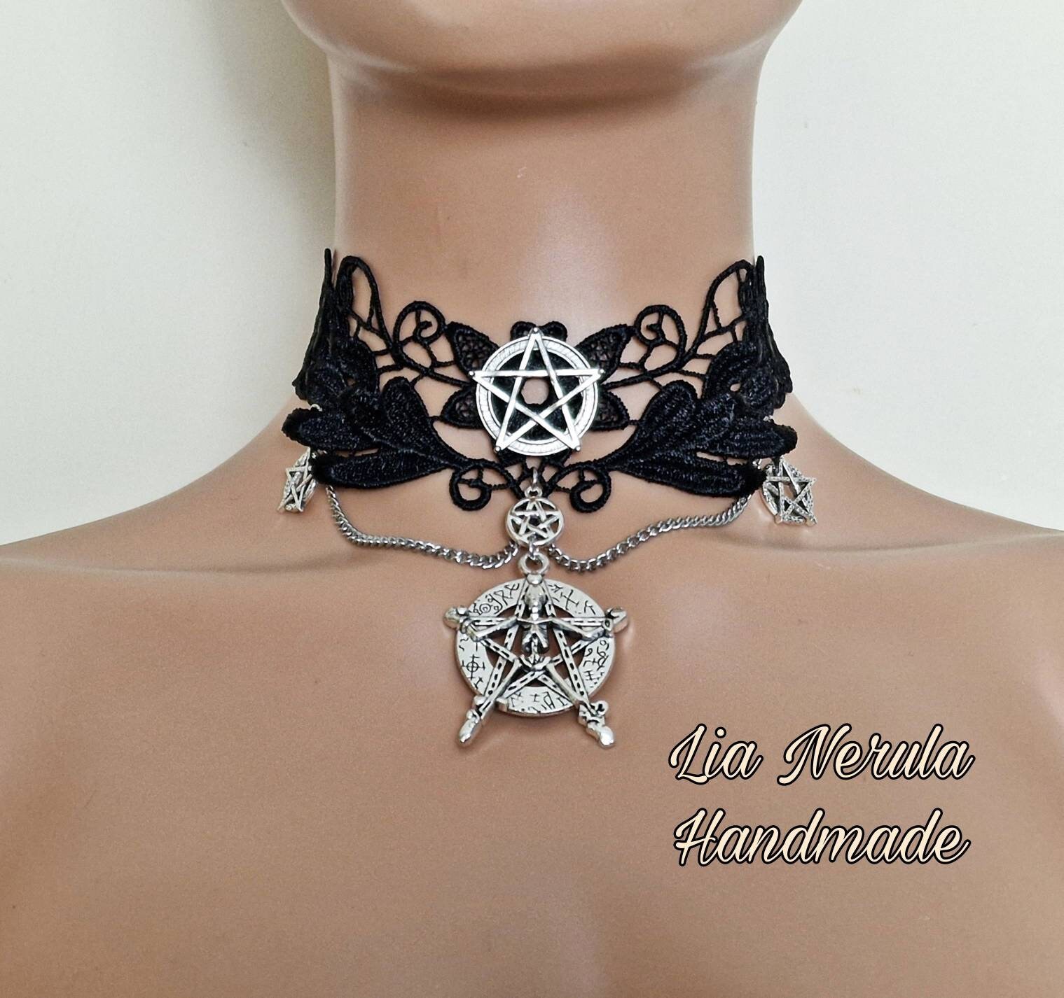Skeleton Pentagram Choker Necklace Black Lace Goth Choker Witch