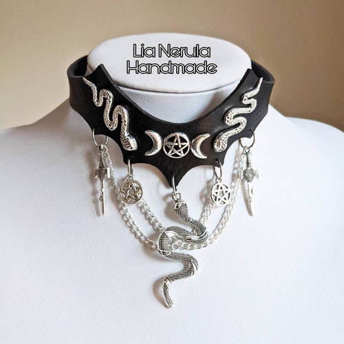 Snake Pentagram Goth Choker Triple Moon 
