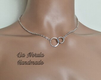 Interlocking rings necklace, discreet day collar for sub, sterling silver necklace, owned sub collar choker