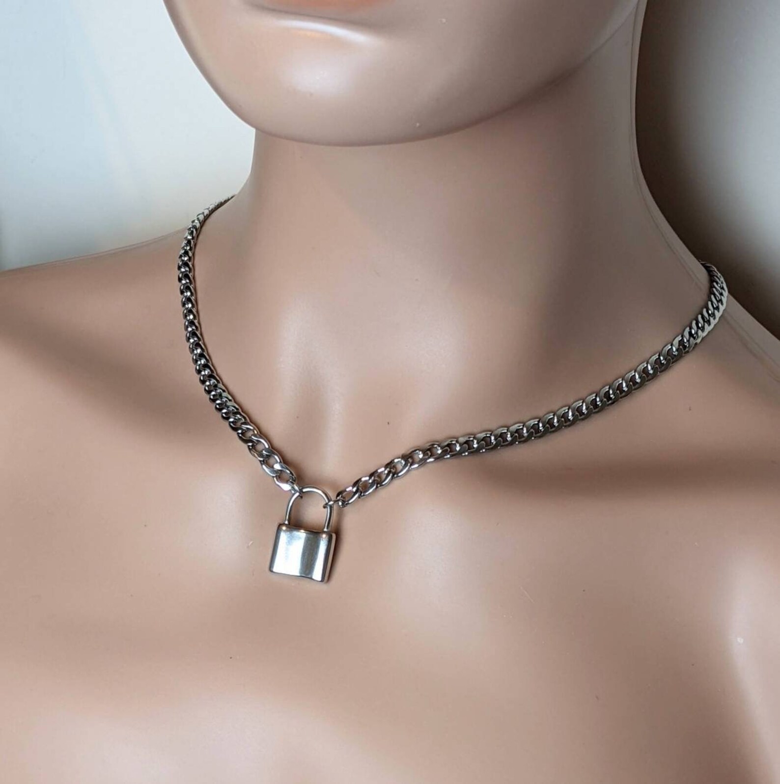 Stainless Steel Lock Necklace Flat Curb Chain Collar With Etsy UK