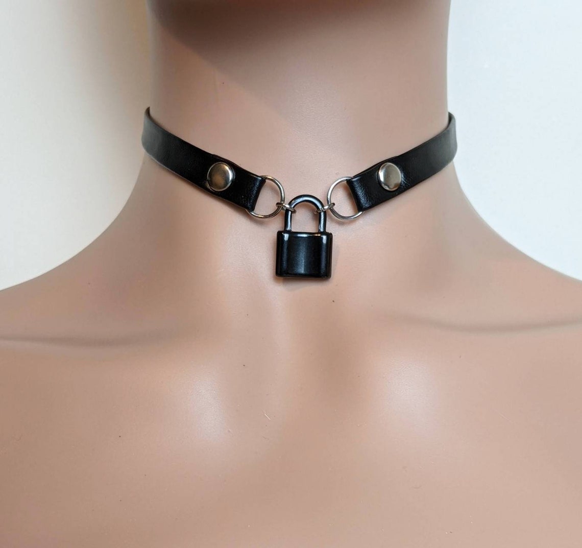 Black padlock choker collar Black soft PU leather with Etsy