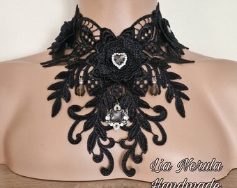 Smoky crystal and lace goth choker,  black lace gothic choker, Victorian bib necklace with crystal pendant, Steampunk oversized bib necklace