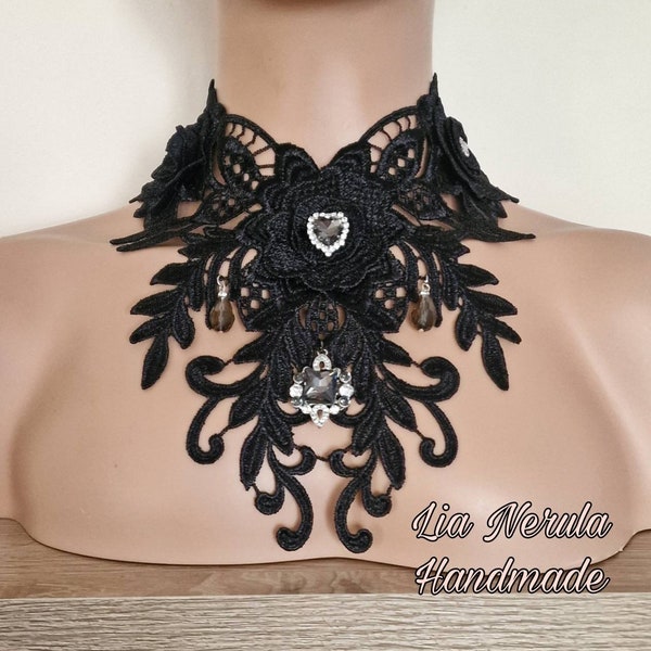 Smoky crystal and lace goth choker,  black lace gothic choker, Victorian bib necklace with crystal pendant, Steampunk oversized bib necklace