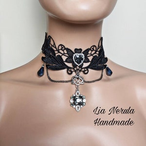 Crystal and lace steampunk victorian gothic choker, Black lace goth choker necklace crystal glass embellished, Gothic jewelry gifts for her