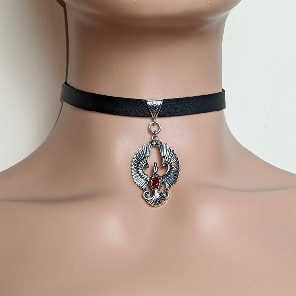 Phoenix necklace choker, Tibetan silver phoenix amulet collar, Rising phoenix choker, Black faux PU leather choker with phoenix pendant