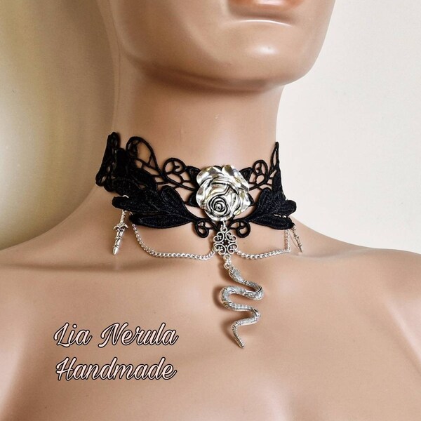 Snake victorian choker goth jewellery, Black lace choker with Tibetan silver rose and snake pendant, Gothic choker jewelry gift for her