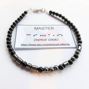 Master Morse code bracelet, Hematite and onyx bracelet with sterling silver / stainless steel finish, Personalised beaded bracelets for men