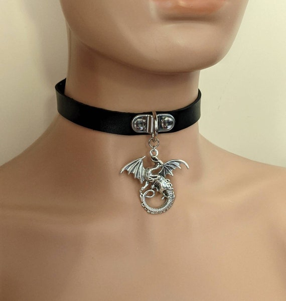 Dragon Goth Choker, Silver Dragon Day Collar Choker Gothic Jewellery,  Dragon Goth Jewelry, Black Faux Leather Choker Goth Gift 