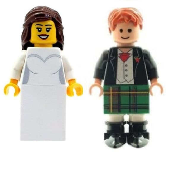 Custom Minifigures  Bride and Scottish Groom with Green Kilt Printed on LEGO Parts