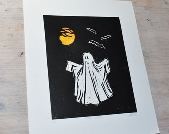 El fantasma, impresión linográfica original, espeluznante, Halloween, decoración de Halloween, arte de pared