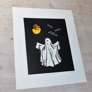 The Ghost, Original Lino Print, Spooky, Halloween, Halloween decor, Wall Art