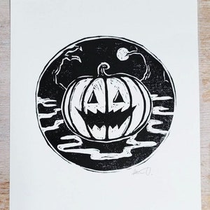 Spooky Pumpkin, Original Lino Print, Halloween, Halloween decor, Wall Art