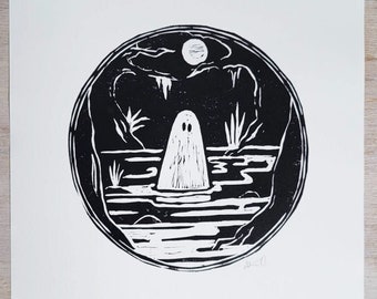 Ghost Lino Print, Original Lino Print, Halloween, Halloween decor, Wall Art