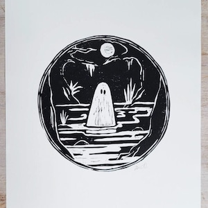 Ghost Lino Print, Original Lino Print, Halloween, Halloween decor, Wall Art