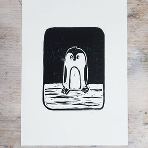 Penguin Lino Print, Christmas Wall Art, Cute Christmas