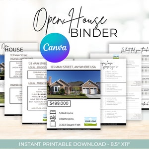 May include: A printable open house binder template featuring a photograph of a house, a sign-in sheet, and a customer feedback form. The template is designed for use by estate agents and includes space for the agent's logo, contact information, and property details.