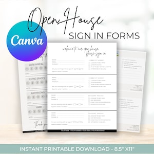 May include: Printable open house sign-in forms with a rating scale for curb appeal, living spaces, bathrooms, and yard. The form asks for name, email, phone number, if the person is working with an agent, and their current needs. The text "Welcome to our open house, please sign in" is at the top of the form.