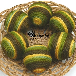 Yellow Brown and Green Decorative Balls for Bowls, Vase Fillers Orbs, Yarn Wrapped Striped Spheres, Table Centerpiece, Country Home Decor.