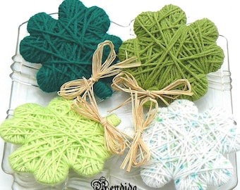 St. Patrick&#39;s Day Decor, Yarn Wrapped Shamrocks, Four Leaf Clovers, Farmhouse Dough Bowls Fillers, Good Lucky Charms, Irish Home Decoration.