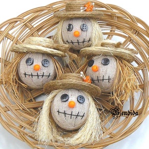 4 Primitive Scarecrow Head, Halloween Bowls Fillers, Farmhouse Table Centerpiece, Autumn Tiered Tray, Wreath Attachments, Rustic Fall Decor.