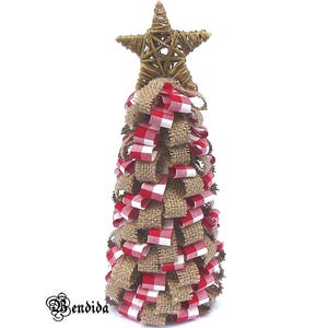 11" Mini Christmas Tree of Burlap and Fabric, Decorative Cone Tree, Table top Centerpiece, Primitive Shelf Sitter, Rustic Farmhouse Decor.