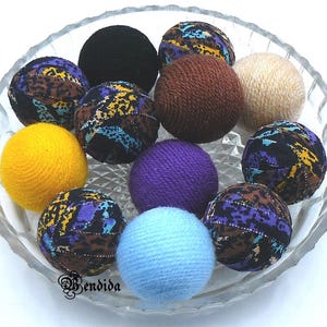 12 Colorful Decorative Balls for Bowls, Vase Fillers Orbs, Fabric and Yarn Wrapped Spheres, Farmhouse Table Centerpiece, Rustic Home Decor.