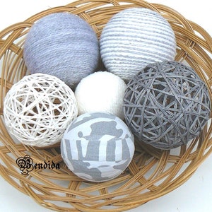 Gray and White Decorative Balls for Bowl, Vase Fillers Orbs, Yarn Wrapped Spheres, Dining Room Table Centerpiece, Rustic Holiday Home Decor.