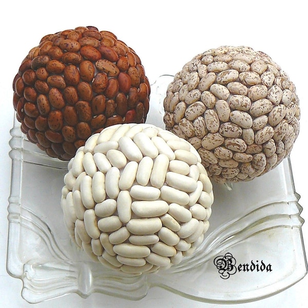 3 White Beige and Brown Decorative Balls for Bowls Set, Vase Fillers Orbs, Beans Spheres, Farmhouse Table Centerpiece, Kitchen Island Decor.